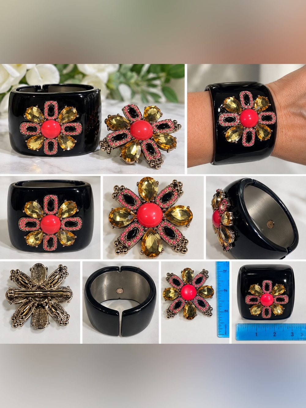 Stella & Dot Statement Floral Brooch Pin & Chunky Bangle Set